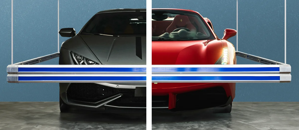 split image with left half showing a gray Lamborghini and the right half showing a red Ferrari, both with the blue bar of a Hercules Car Wash system